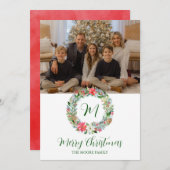 水彩ポインセチアクリスマスリースモノグラム シーズンカード (正面/裏面)