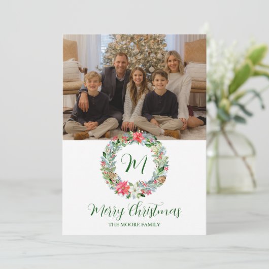 水彩ポインセチアクリスマスリースモノグラム シーズンカード (スタンド正面)