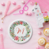 水彩ポインセチアクリスマスリースモノグラム ペーパープレート (パーティー)