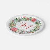 水彩ポインセチアクリスマスリースモノグラム ペーパープレート (アングル)