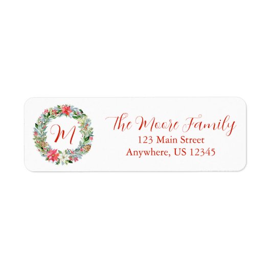 水彩ポインセチアクリスマスリースモノグラム ラベル (正面)