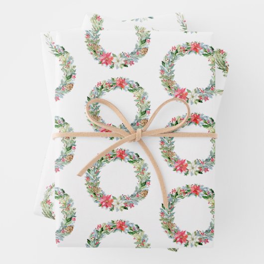 水彩ポインセチアクリスマスリース ラッピングペーパーシート (インサイチュ)