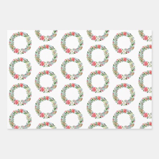 水彩ポインセチアクリスマスリース ラッピングペーパーシート (正面)