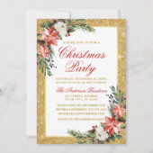 水彩ポインセチアグリッタークリスマスパーティー赤 招待状 (正面)