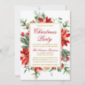 水彩ポインセチアフローラクリスマスパーティー金ゴールド 招待状 (正面)