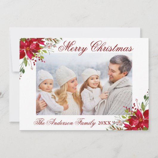 水彩ポインセチアフローラクリスマスフォト シーズンカード (正面)