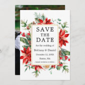 水彩ポインセチアフローラグリーンリー写真 セーブザデート (正面/裏面)