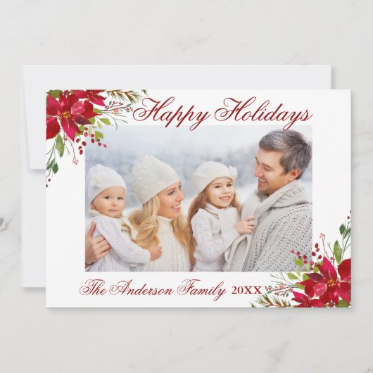 水彩ポインセチアフローラハッピーホリデーズフォト シーズンカード (正面)