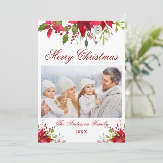 水彩ポインセチアフローラフォトクリスマスカード 招待状 (スタンド正面)