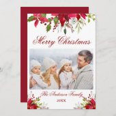 水彩ポインセチアフローラフォトクリスマスカード 招待状 (正面/裏面)