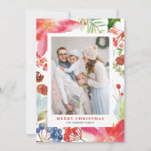 水彩ポインセチアフローラフレームフォトクリスマス シーズンカード (正面)