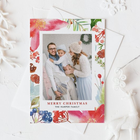 水彩ポインセチアフローラフレームフォトクリスマス シーズンポストカード