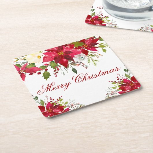 水彩ポインセチアフローラメリークリスマス スクエアペーパーコースター (アングル)