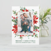 水彩ポインセチアフローラ写真クリスマスグリーン シーズンカード (スタンド正面)
