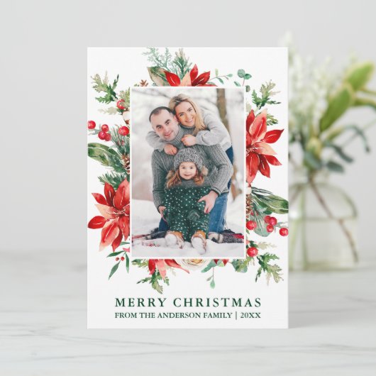 水彩ポインセチアフローラ写真クリスマスグリーン シーズンカード (スタンド正面)