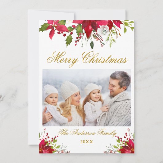 水彩ポインセチアフローラ写真クリスマス金ゴールド シーズンカード (正面)
