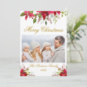 水彩ポインセチアフローラ写真クリスマス金ゴールド シーズンカード (スタンド正面)