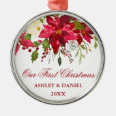 水彩ポインセチアフローラ初めてのクリスマスラウンド メタルオーナメント (正面)