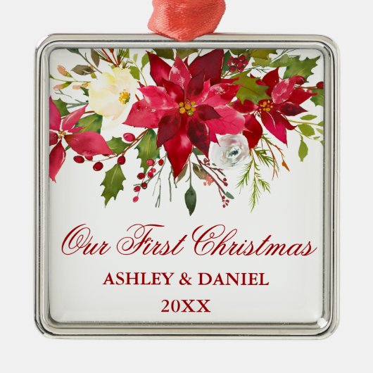 水彩ポインセチアフローラ初めてのクリスマス メタルオーナメント (正面)