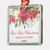 水彩ポインセチアフローラ初めてのクリスマス メタルオーナメント (左)