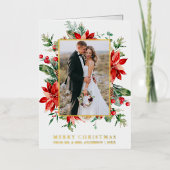 水彩ポインセチアフローラ新着エレガント金ゴールド 箔シーズンカード (正面)