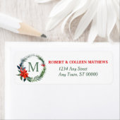 水彩ポインセチアリースモノグラムクリスマス ラベル (インサイチュ)