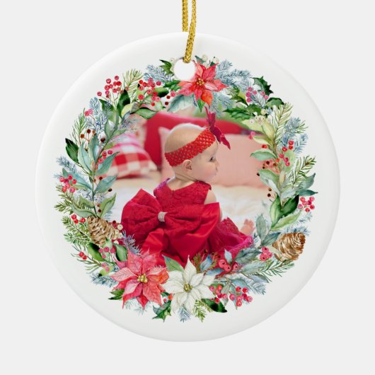 水彩ポインセチアリース写真 セラミックオーナメント (正面)