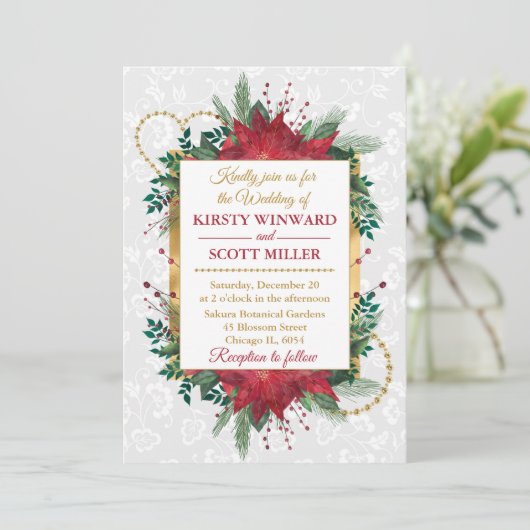 水彩ポインセチア冬の結婚式 招待状 (スタンド正面)