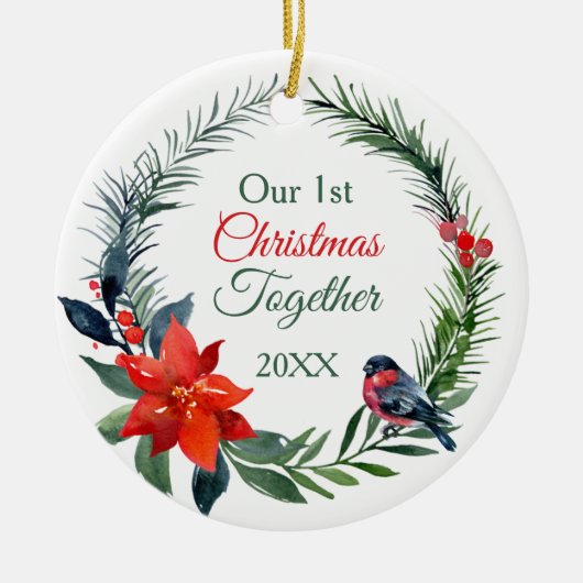 水彩ポインセチア初めてのクリスマスを一緒に セラミックオーナメント (正面)