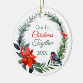 水彩ポインセチア初めてのクリスマスを一緒に セラミックオーナメント (左)