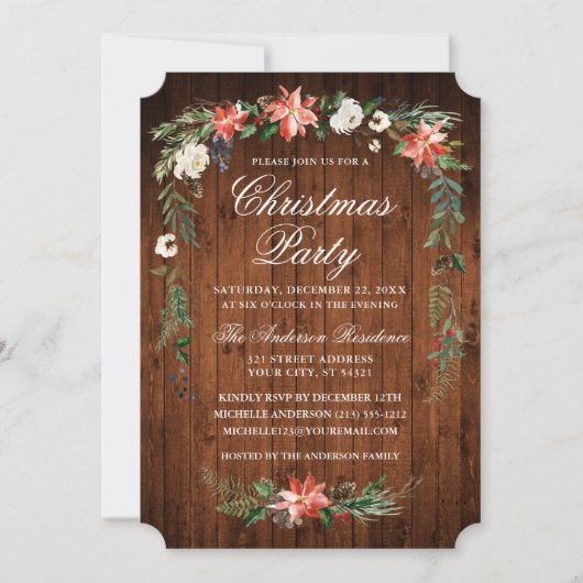 水彩ポインセチア木材クリスマスパーティー 招待状 (正面)