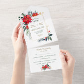 水彩ポインセチア結婚クリスマスフレーム オールインワン招待状 (貼ってはがせる)