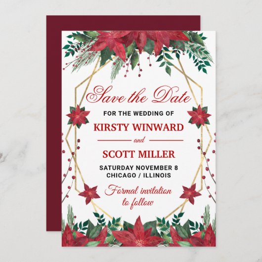 水彩ポインセチア結婚式の日付を保存 招待状 (正面/裏面)