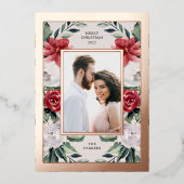 水彩ポインセチア花と写真と金ゴールド 箔シーズンカード (正面)