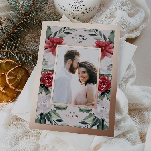 水彩ポインセチア花と写真と金ゴールド 箔シーズンカード