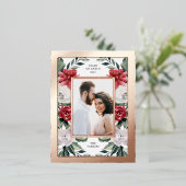 水彩ポインセチア花と写真と金ゴールド 箔シーズンポストカード (立ち正面)