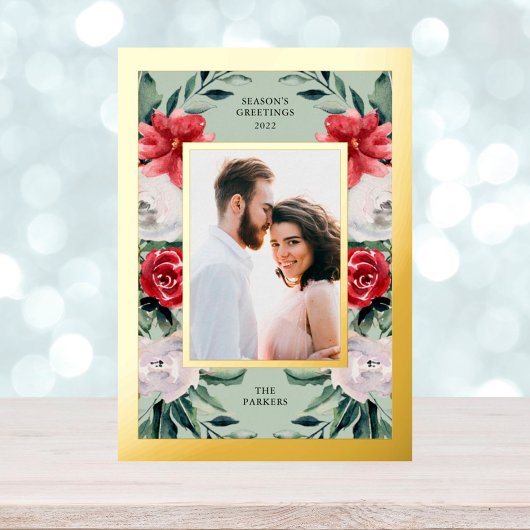 水彩ポインセチア花と写真と金ゴールド 箔シーズンポストカード