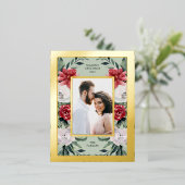 水彩ポインセチア花と写真と金ゴールド 箔シーズンポストカード (立ち正面)