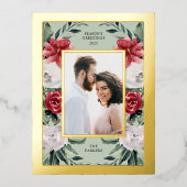 水彩ポインセチア花と写真と金ゴールド 箔シーズンポストカード (正面)