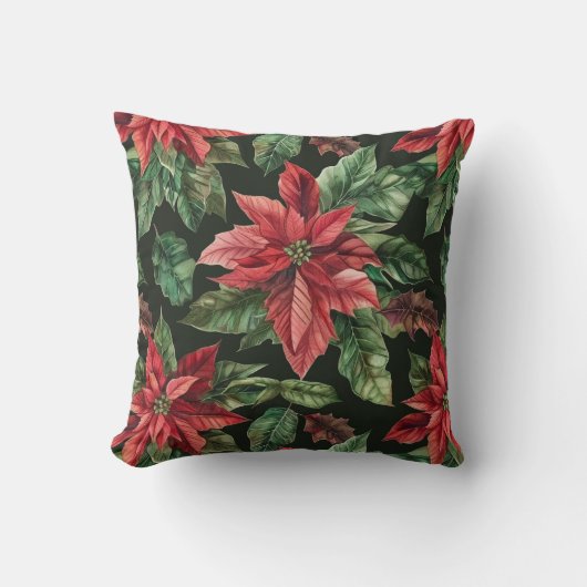 水彩ポインセチア花クリスマス クッション (正面)