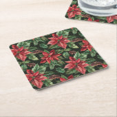 水彩ポインセチア花クリスマス スクエアペーパーコースター (アングル)