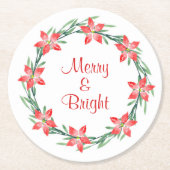 水彩ポインセチア葉リース ラウンドペーパーコースター (正面)