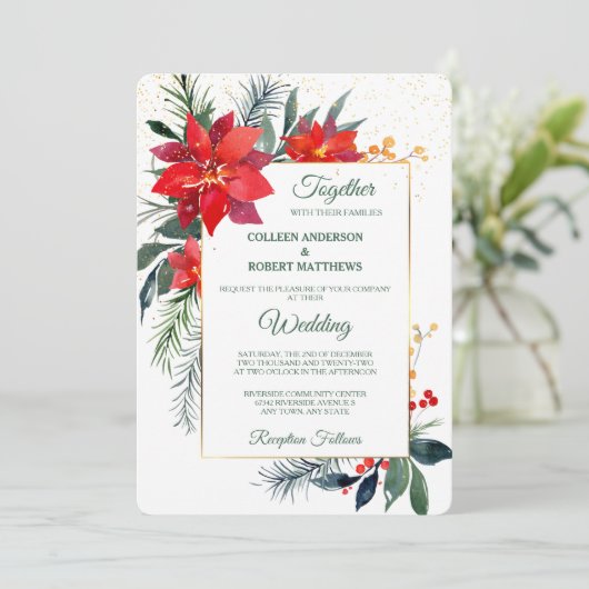 水彩ポインセチア金ゴールドフレームクリスマスフォーマル 招待状 (スタンド正面)