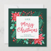 水彩ポインセチア、ホリーとパインクリスマス シーズンカード (正面)