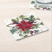 水彩ポインセチア、柊、松のクリスマスパーティー スクエアペーパーコースター (アングル)