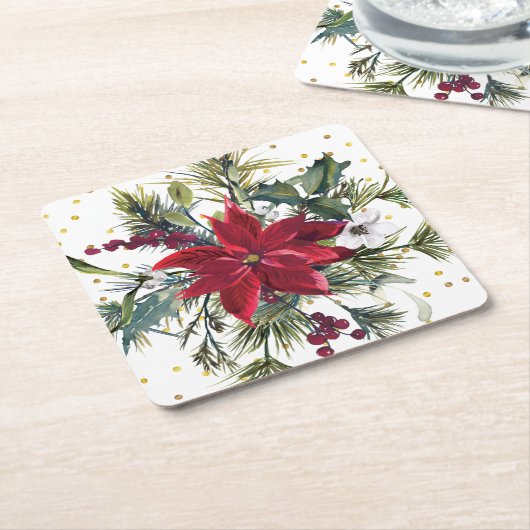 水彩ポインセチア、柊、松のクリスマスパーティー スクエアペーパーコースター (アングル)