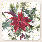 水彩ポインセチア、柊、松のクリスマスパーティー スクエアペーパーコースター (正面)