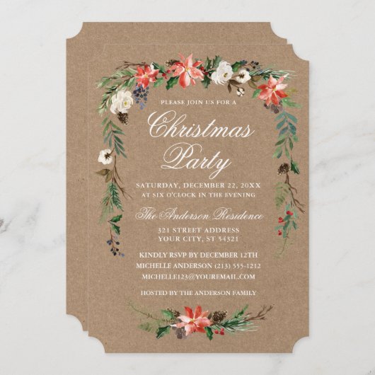 水彩ポインセティアクラフトクリスマスクリスマスパーティー 招待状 (正面/裏面)