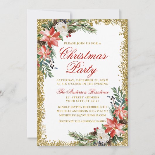 水彩ポインセティアクリスマスパーティーグリッター赤 招待状 (正面)
