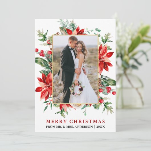 水彩ポインセティアスクリスマス新婚金ゴールド シーズンカード (スタンド正面)